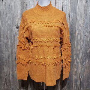 BKE Buckle M Women's Sweater Orange Copper Mock Neck Fringe Boho Hippie Pullover